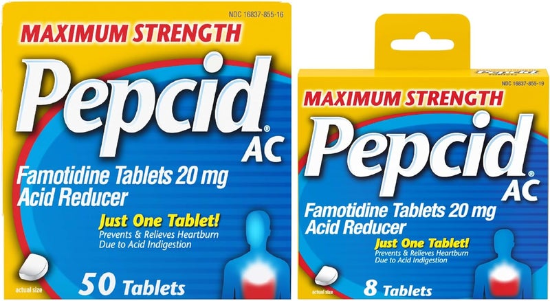 Pepcid AC Maximum Strength Heartburn Relief Tablets, 20mg Famotidine Acid Reducer, Fast-Acting OTC Medicine Prevents & Relieves Heartburn Due to Acid Indigestion, 8-Count Travel Pack & 50-Count Bottle - Image 1